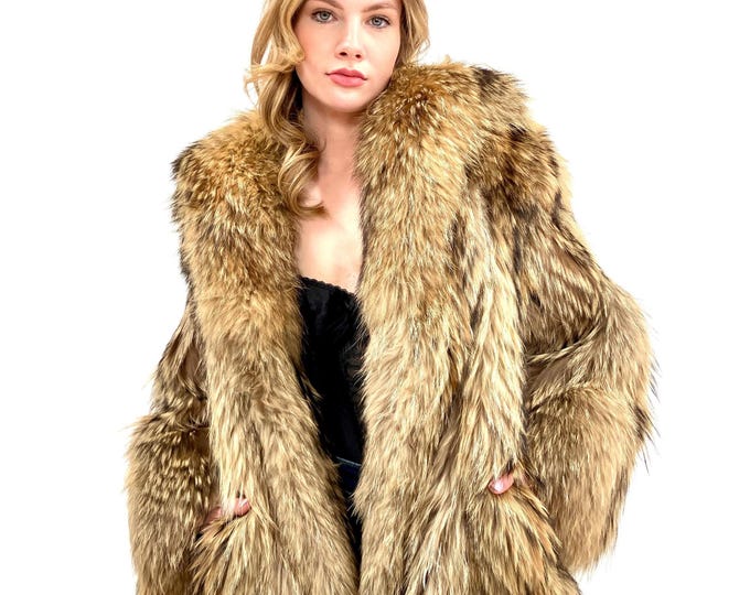 70s Vintage Raccoon Fur Coat Carrie SATC Chevron Striped Dress Glam Jacket Brown Blonde Plush Rocker Vintage Glam Fur Stroller S/M