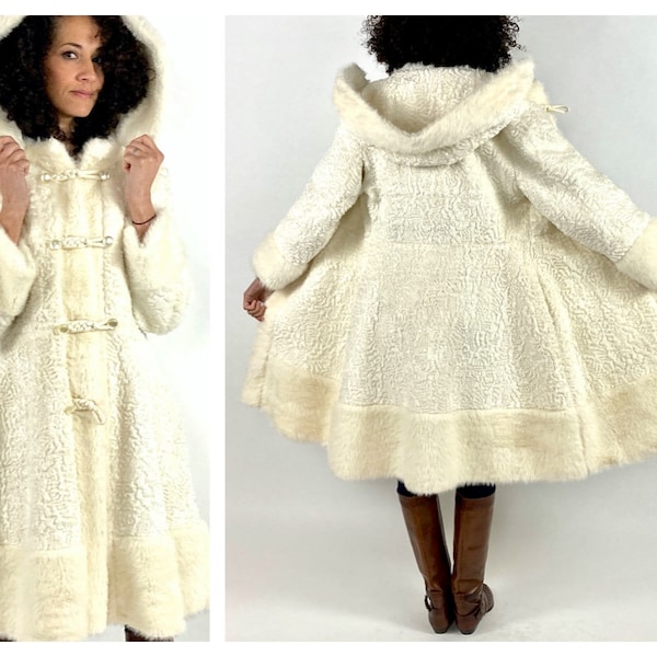 60s Winter White Hooded Princess Fur Dress Coat Faux Persian Lambswool Fur Trim Jacket Cream Bohemian Mod Swing Jacket Fit Flare Gypsy Coat