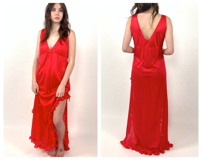 70s Red Grecian Goddess Maxi Dress V Neck Slip Nightgown Lingerie High Slit Dress Boho Hippie Party Vintage Sundress Sun Dress S M