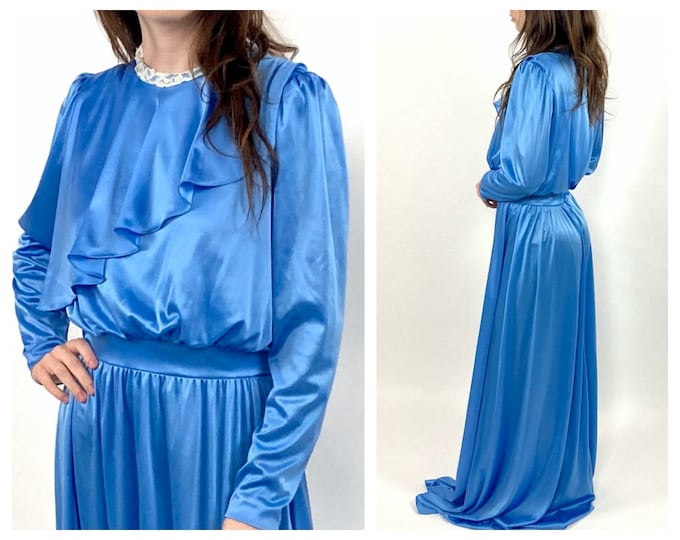 70s Blue Grecian Ruffle Dress Long Sleeve Goddess Ethereal Dress Draped Maxi Vintage Lace Dress XS S M