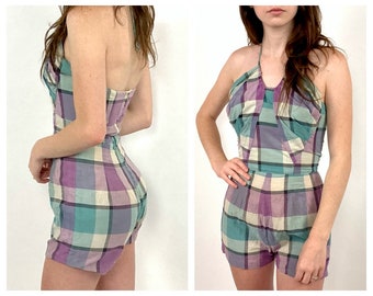 30s Pin Up Checked Bathing Suit Ruched Halter Green Playsuit Swimsuit Romper Purple Party Vintage Plaid Bustier Jumpsuit Dress XXS XS