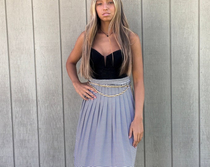 80s Striped Paris Midi Skirt Black White Circle Full Skirt High Waist Vintage French Pin Stripe Seersucker Dress Skirt M L