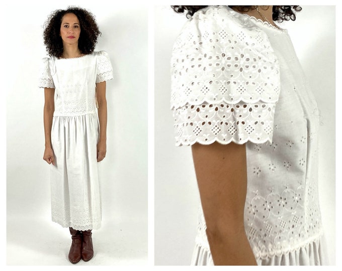 80s Lanz White Cottagecore Cotton Dress Ethereal Eyelet Lace Ruffle Dress Angelic Puff Sleeve Maxi Dress NOS Vintage Boho Sundress S M