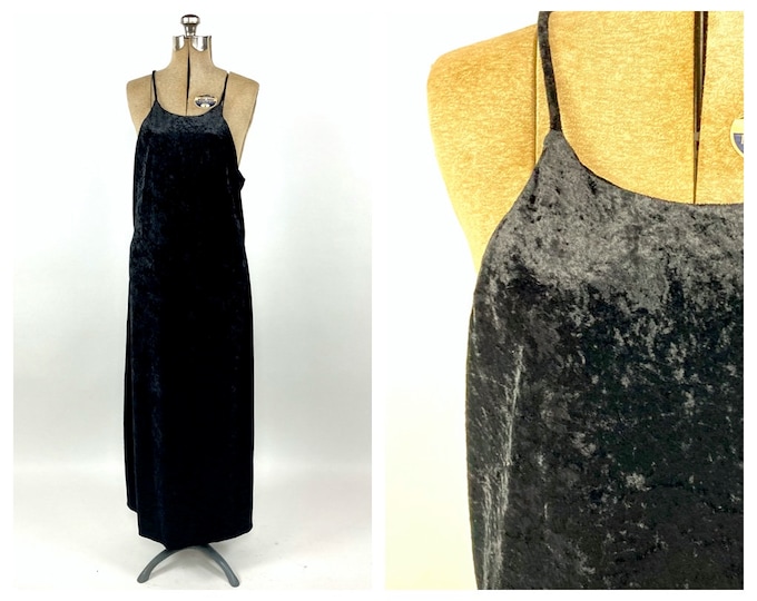 90s Black Crushed Velvet Maxi Dress Goth Festival Party Dress Racer Back Low Cut Vintage Dress XS S M