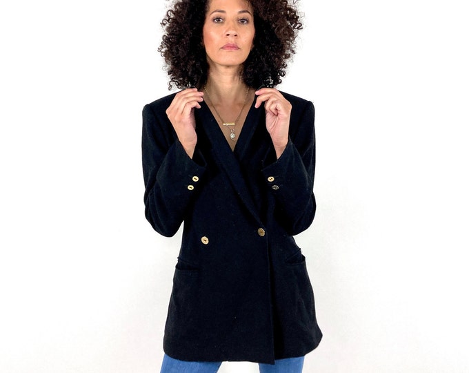 80s Black Oversized Deep V Blazer State of Claude Montana Double Breasted Structured Long Gold Button Jacket Boyfriend Blazer Vintage XS S M