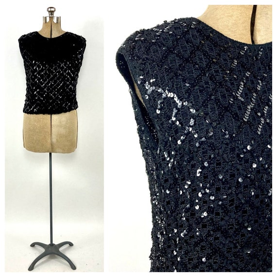60s Black Knit Sequin Sleeveless Blouse Keyhole V… - image 1