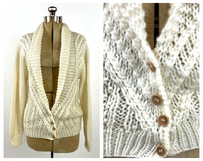 70s Cream Hand Knit Cable Knit Chunky Cardigan Shawl Sailor Collar Off White Sweater Ivory Long Cream Vintage Deep V Jacket Xs S M