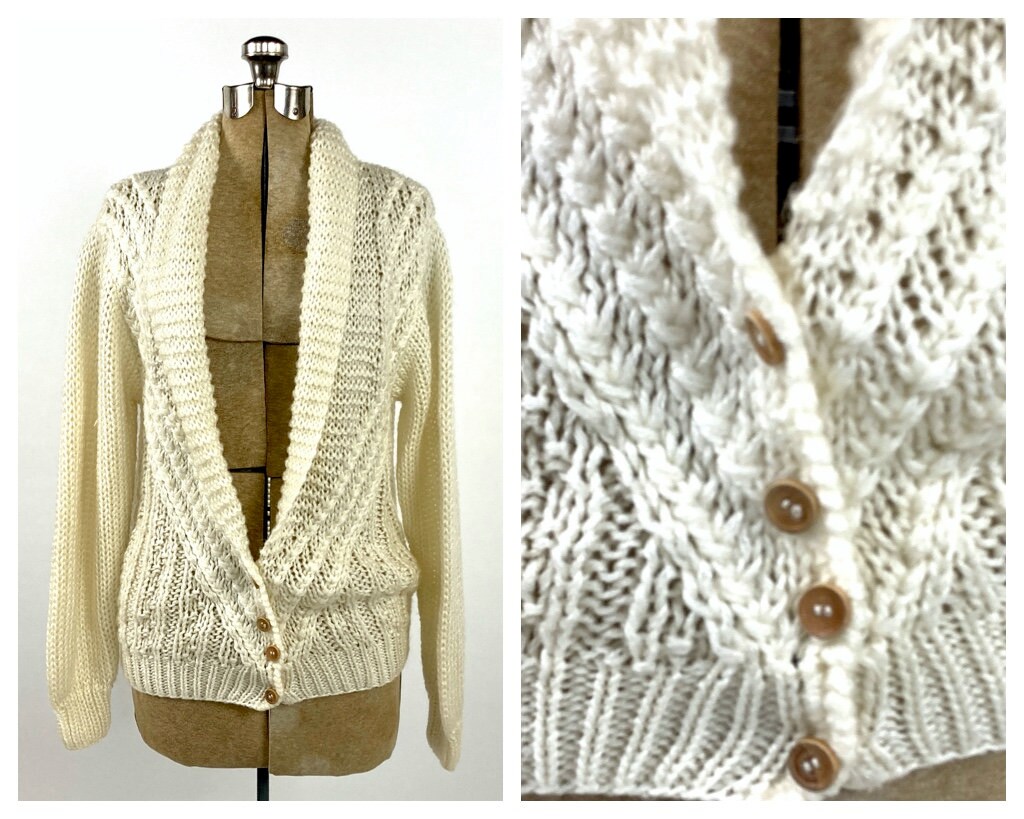 70s Cream Hand Knit Cable Knit Chunky Cardigan Shawl Sailor