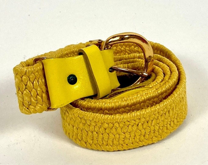70s Woven Leather Yellow Belt Skinny Bright Adjustable Vintage Belt XS S M