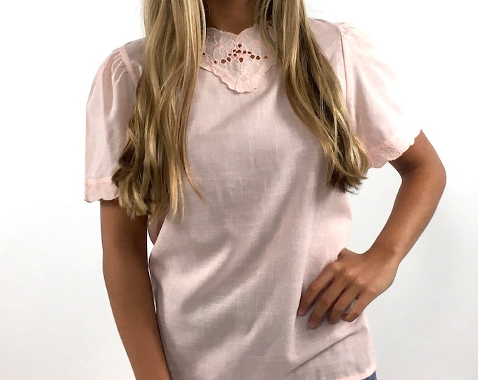 80s Pale Pink Embroidered Top Floral Lace Crochet Top Peach Festival Top Bohemian Puff Sleeve Party Blouse Shirt Xs S
