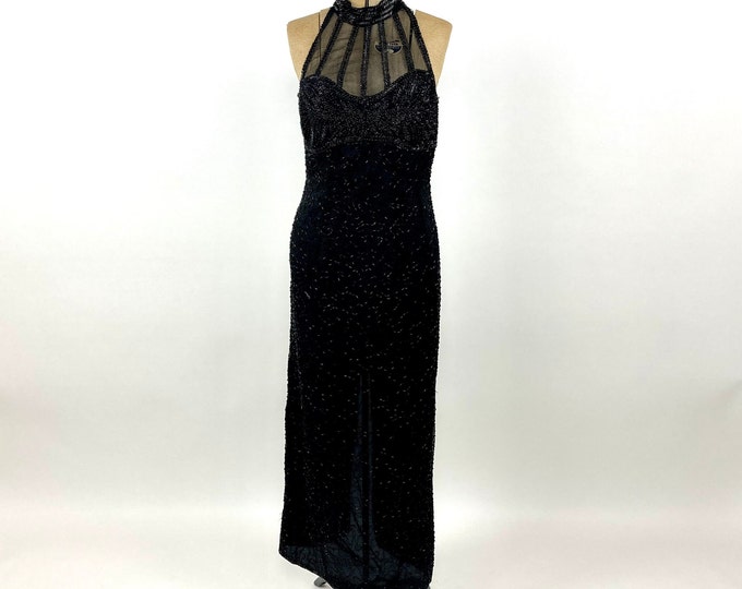 80s Black Beaded Halter Evening Gown Sheer Cage High Slit Dress Glam Silk Party Vintage Dress S M