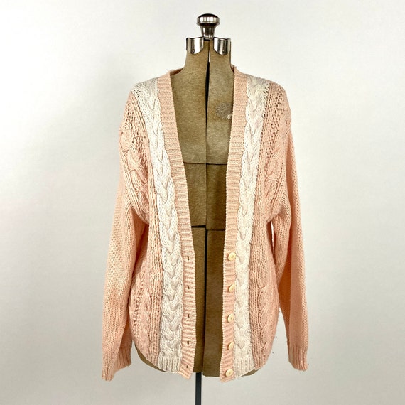 80s Peach Pink Cardigan Sweater Chunky White Cabl… - image 7