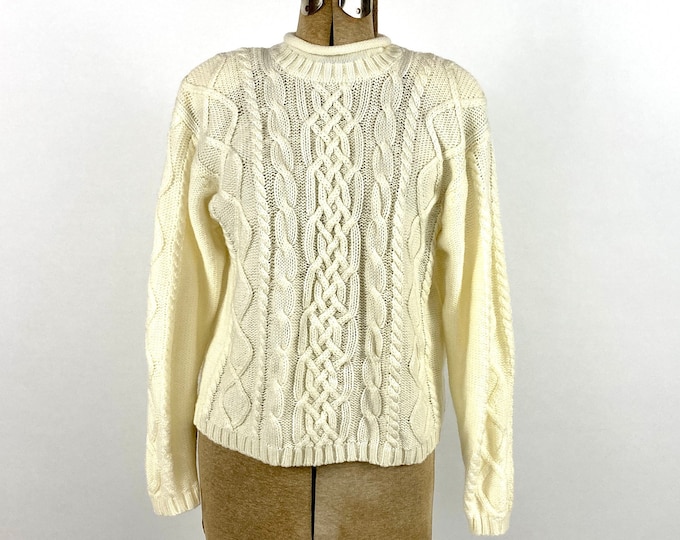 90s Cream Cable Knit Sweater Chunky Cropped Soft Off White Sweater Ivory Vintage Pullover Dress Jumper Xs S