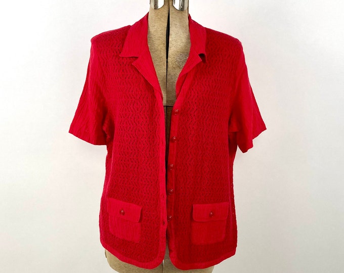 80s Bright Red Woven Tunic Crochet Pockets Oversized Cotton Blouse Top