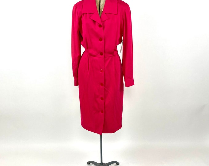 90s Pink NOS Button Up Dress Long Sleeve Day Dress Party Vintage Fuschia Dress S M
