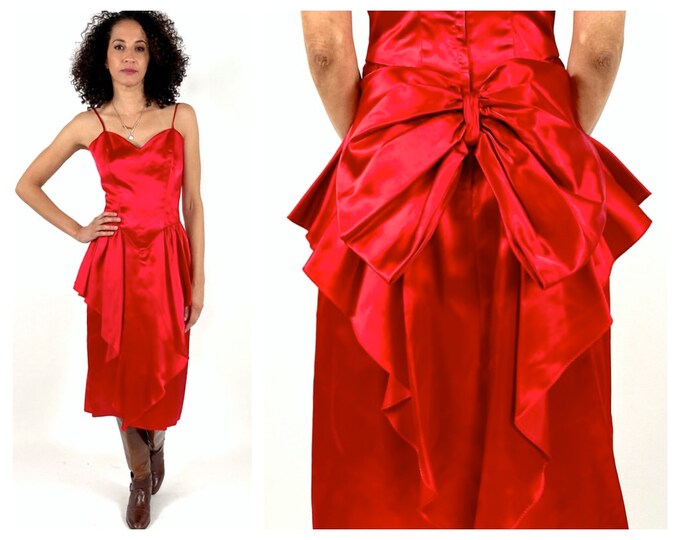80s Red Peplum Satin Prom Dress Spaghetti Strap Pencil Cocktail Holiday Tiered Ruffle Party Dress Sweetheart Big Bow Vintage Dress XS S