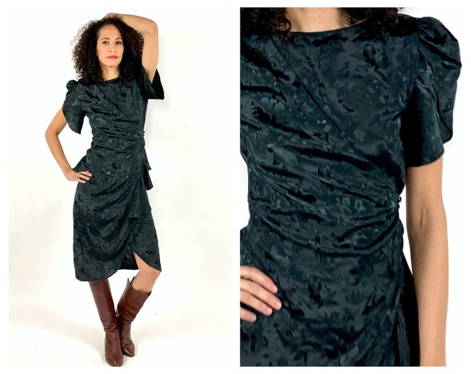 80s Black Silk Mini Cocktail Dress Peplum Ruched Puff Sleeve Origami Avant Garde Brocade Pencil Dress Party Vintage Glam Dress XS