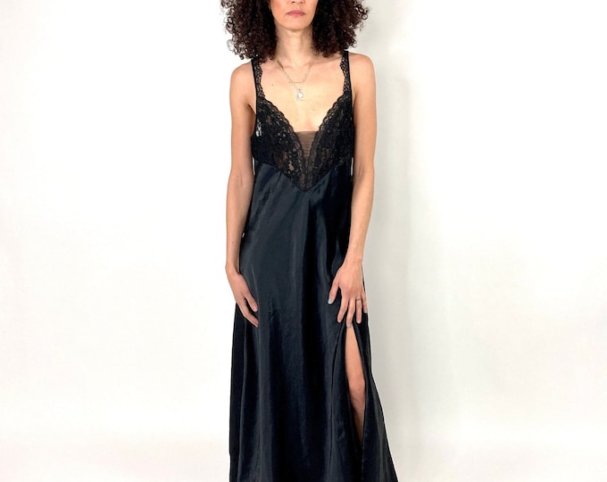 Vintage Victorias Secret Black Plunging Deep V Neck Dress Lace Mesh Sexy Maxi Slip Grecian Goddess Gown Dress Nightgown Party Sundress M L