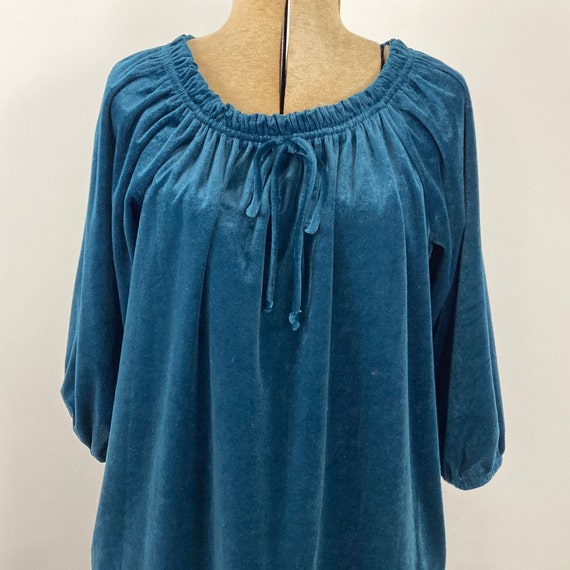 80s Blue Velvet Kaftan House Dress Green Robe Dressin… Gem
