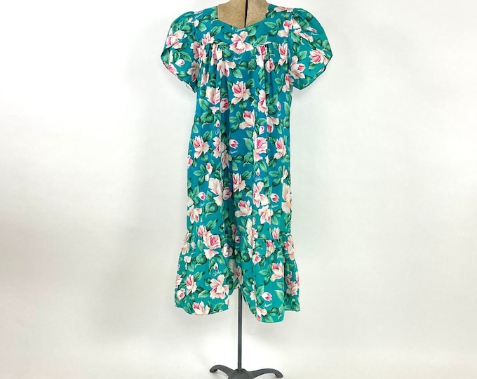 80s Green Hawaiian Ruffle Maxi Dress Pink Floral Mod Dress Flutter Sleeve Vintage Party Sundress Hawaii Dress S M