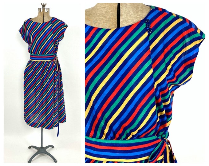 70s Lanz Black Multi Rainbow Dress Primary Striped Boho Hippie Party Wrap Sundress Vintage Sun Dress S M