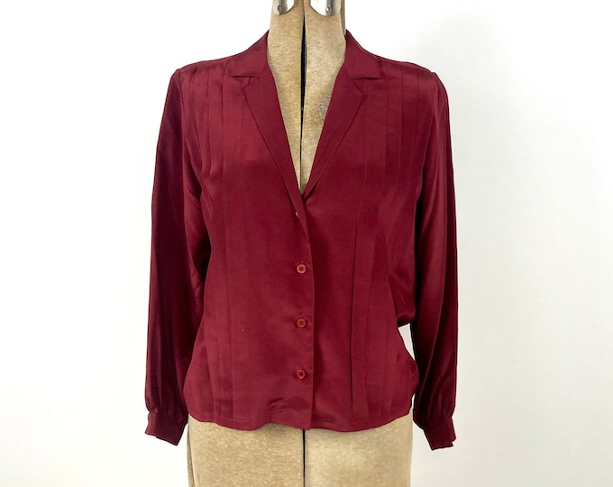 70s Red Burgundy Pintuck Silk Blouse Deep V Neck Button Up Vintage Dress Top