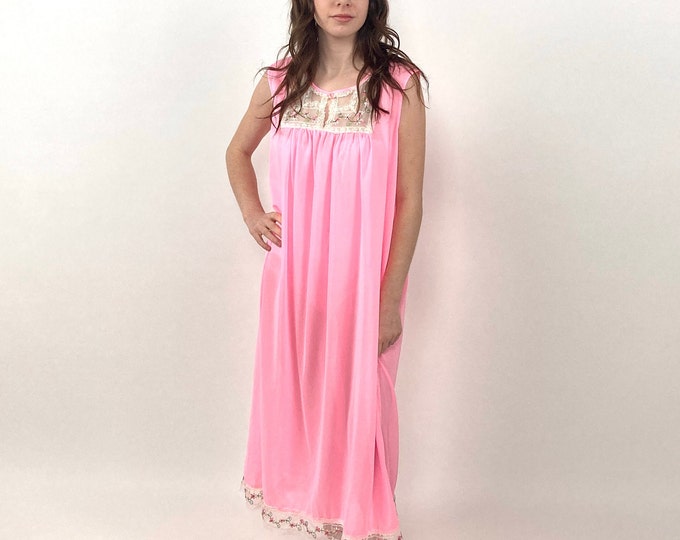 60s Neon Pink White Floral Slip Dress Embroidered Babydoll Mini Slip Grecian Goddess Dress Nightgown Party Vintage Sundress Sun Dress S M