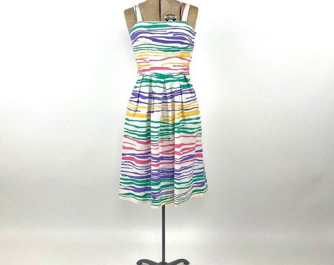 70s Lanz Midi Cage Dress Rainbow Pastel Dress Animal Print Stripes Cut Out Open Back Peekaboo Party Dress Vintage Party Sun Dress XS S