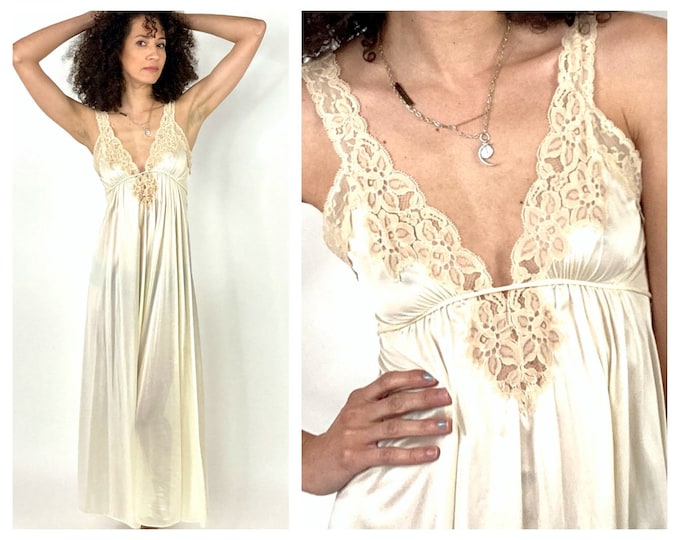 70s Cream Plunging Deep V Neck Nude Lace Sexy Empire Maxi Slip Grecian Goddess Gown Dress Nightgown Party Vintage Sundress Sun Dress XS S