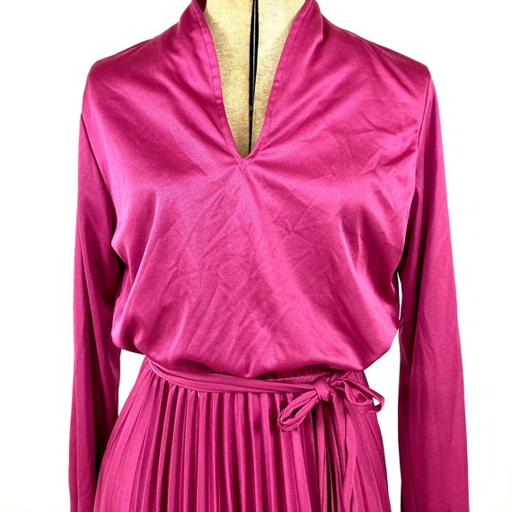 70s Fuschia Disco Long Sleeve Dress Pink V Neck A… - image 3