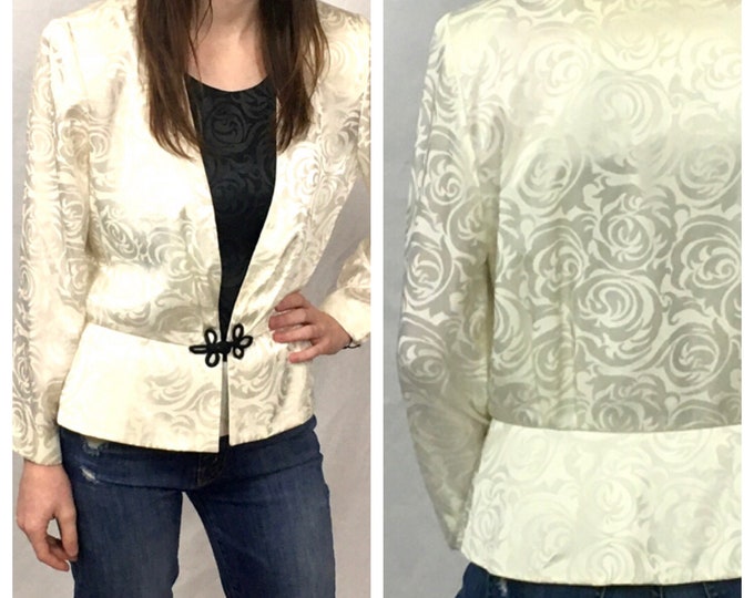 90s Brocade Sheer Silk Blouse Peplum Jacket Top Cream Black Floral Rose Print Asian Blazer Vintage S M