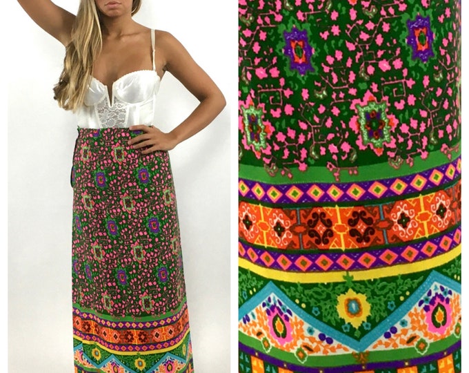 60s Neon Green Psychedelic Floral Dress Skirt Bright Purple Trippy Maxi Vintage Boho Hippie Party Dress Skirt Xs S
