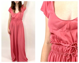 70s Pink Mauve Dress Scoop Neck Ruched Waist Long Grecian Dress Empire Goddess Ethereal Maxi Dress Draped Party Vintage Slip Dress XS S