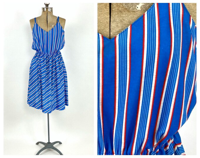 70s Blue Lanz Striped Dress Red White VNeck Boho Hippie Party Sundress Vintage Sun Dress Xs S M