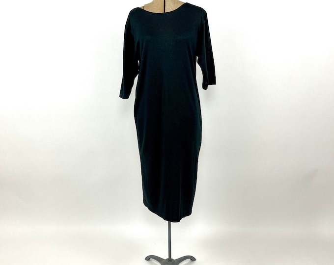 80s Black Back V Dress LBD Cotton Party Dress Long Sleeve Vintage Midi Dress XS S