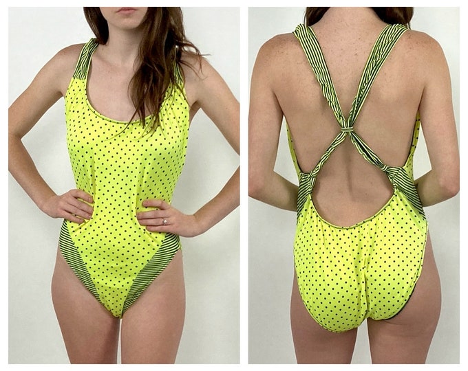 80s Neon Yellow Black Bathing Suit French High Cut Swimsuit Electric Cut Out Criss Cross Polka Dot Striped One Piece Sexy Vintage Bodysuit
