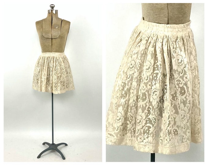 80s Cream Lace Sheer Floral Mini Skirt Romantic Festival Elastic Waist Vintage Dress Skirt XS