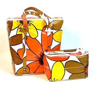 Vintage 1960s MCM Flower Power 2 Piece Cooler Large + Small Zip Lid Vinyl Retro Soft Floral Totes