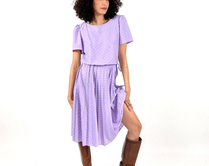 70s Purple Sheer Day Dress Lavender White Polka Dot Blouson Dress Accordion Pleated Midi Vintage Sundress S M