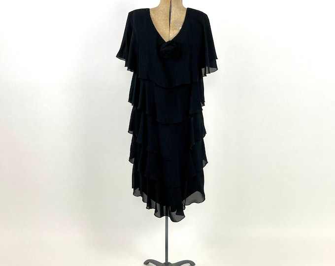 70s Black V Neck Sheer Dress Tiered Goddess Flutter Sleeve Ethereal Dress Vintage Flapper Ruffle S M