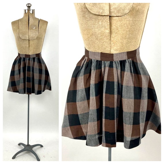 50s Black Brown Plaid Mini Skirt White Checked Vi… - image 1