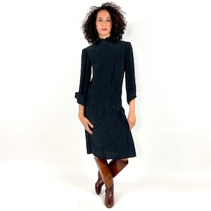 70s Black Silk Shift Dress Pintuck Long Sleeve Ruffle High Neck Dress Vintage Dress XS S
