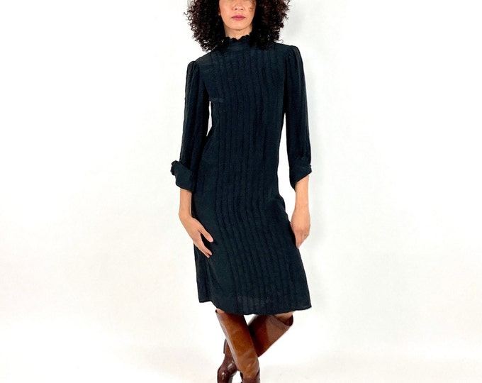 70s Black Silk Shift Dress Pintuck Long Sleeve Ruffle High Neck Dress Vintage Dress XS S