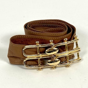 80s Wide Leather Belt Gold Big Buckle Belt Brown Leather Belt Designer Vintage Statement Belt OS