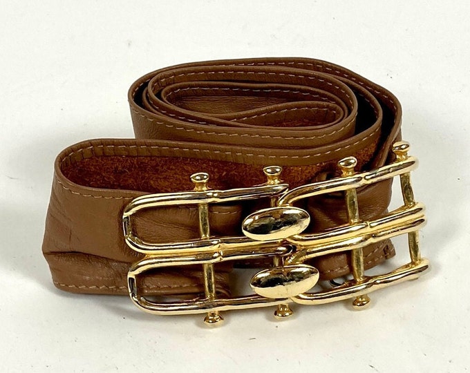 80s Wide Leather Belt Gold Big Buckle Belt Brown Leather Belt Designer Vintage Statement Belt OS