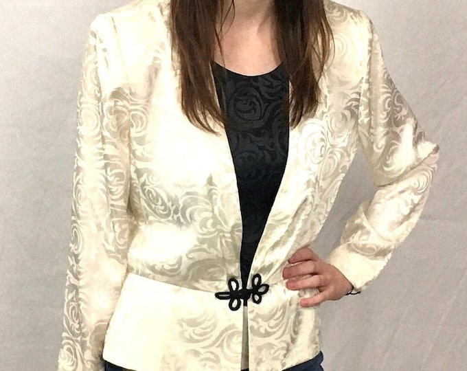 90s Brocade Sheer Silk Blouse Peplum Jacket Top Cream Black Floral Rose Print Asian Blazer Vintage S M