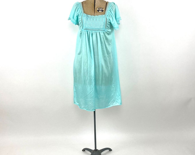 80s Teal Grecian Goddess Mini Nightgown Dress Sheer Empire Floral Embroidered Tent Dress Boho Hippie Party Vintage Sundress Sun Dress Xs S