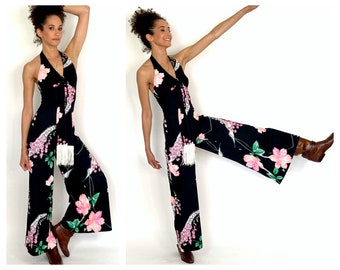 70s Black Palazzo Halter Jumpsuit Hot Pink Floral Party Dress Jumpsuit Tropical Wide Leg Draped Maxi Open Back Hippie Vintage Jumpsuit XS S