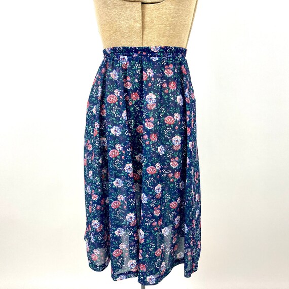80s Navy Blue Floral Sheer Skirt Boho Hippie Cott… - image 5