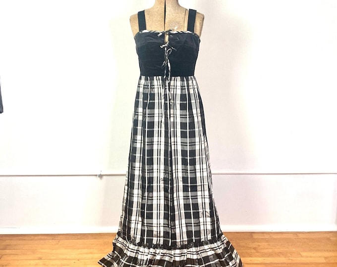 70s Lanz Black Velvet Tartan Plaid Maxi Dress Corset Cottagecore White Ruffle Party Dress Draped Maxi Dress Hippie Vintage Sundress XS/S